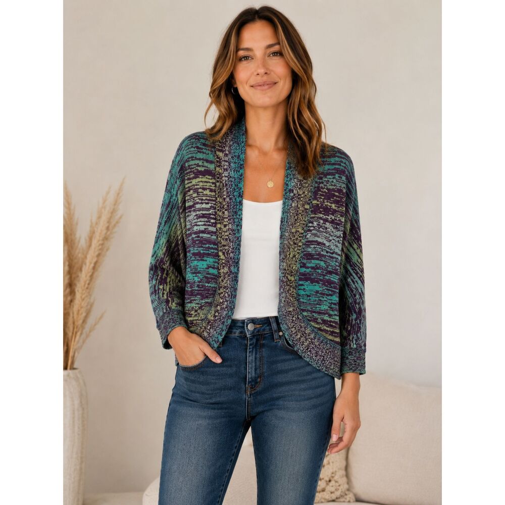 Amber Sun XL Open Front Cardigan Boho Marled Knit Teal Purple Ribbed Shawl